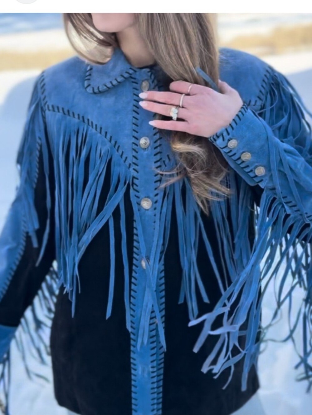 Bob Mackie Wearable Art Fringe Whip Stitch Western Suede Leather Jacket Large